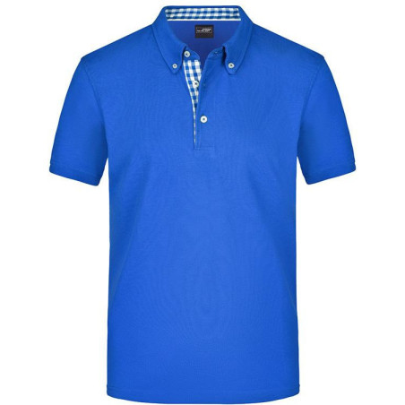 Polo Homme à inserts vichy personnalisé en broderie bleu roi bleu roi blanc