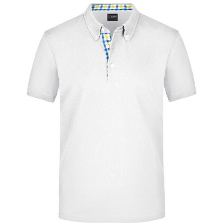 Polo Homme à inserts vichy personnalisé en broderie blanc bleu jaune blanc
