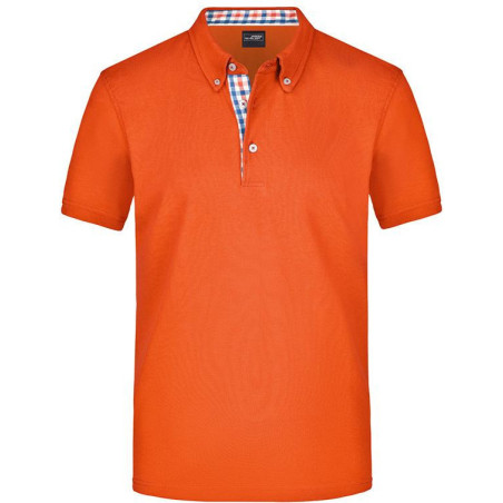 Polo Homme à inserts vichy personnalisé en broderie orange foncé bleu orange blanc