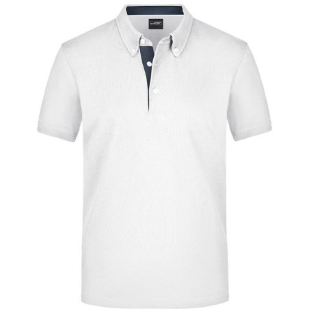 Polo Homme à inserts vichy personnalisé en broderie blanc denim foncé