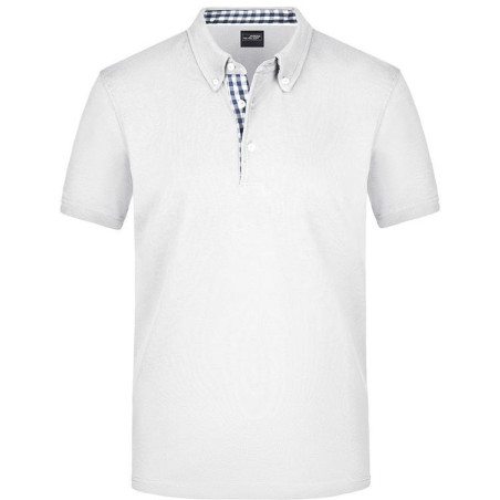 Polo Homme à inserts vichy personnalisé en broderie blanc marine blanc
