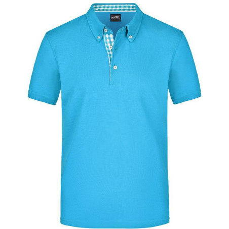 Polo Homme à inserts vichy personnalisé en broderie turquoise turquoise blanc