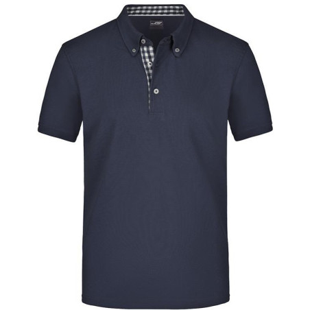 Polo Homme à inserts vichy personnalisé en broderie marine marine blanc
