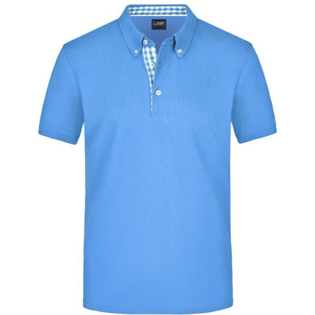 Polo Homme à inserts vichy personnalisé en broderie bleu glacier bleu glacier blanc face