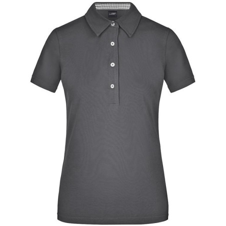 Polo Femme à inserts vichy personnalisé en broderie graphite graphite blanc
