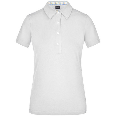 Polo Femme à inserts vichy personnalisé en broderie blanc bleu jaune blanc