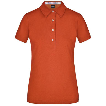 Polo Femme à inserts vichy personnalisé en broderie orange foncé bleu orange blanc