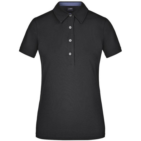 Polo Femme à inserts vichy personnalisé en broderie noir denim clair
