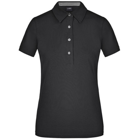 Polo Femme à inserts vichy personnalisé en broderie noir noir blanc