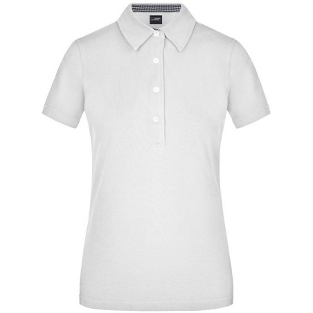 Polo Femme à inserts vichy personnalisé en broderie blanc marine blanc
