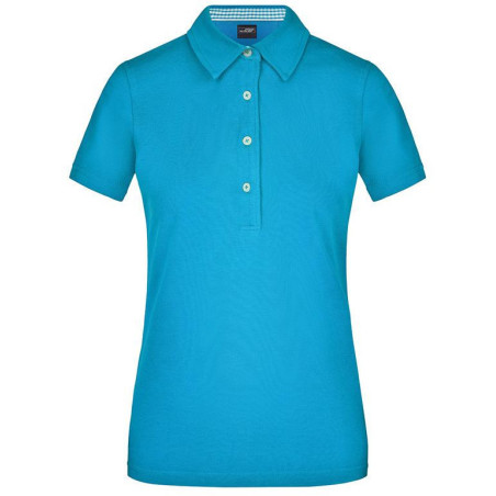 Polo Femme à inserts vichy personnalisé en broderie turquoise turquoise blanc