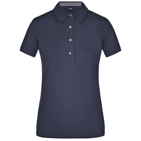 Polo Femme à inserts vichy personnalisé en broderie marine marine blanc