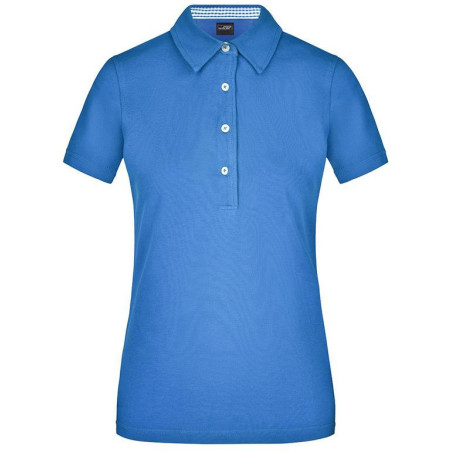 Polo Femme à inserts vichy personnalisé en broderie bleu glacier bleu glacier blanc