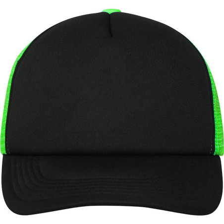 Casquette trucker 5 panneaux personnalisée en broderie noir néon vert face