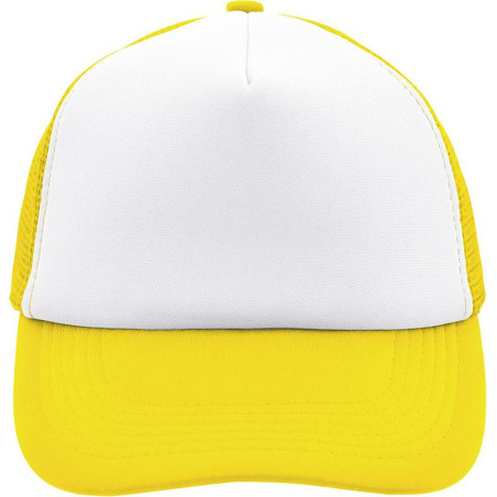 Casquette trucker 5 panneaux personnalisée en broderie blanc jaune soleil