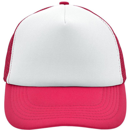 Casquette trucker 5 panneaux personnalisée en broderie blanc magenta