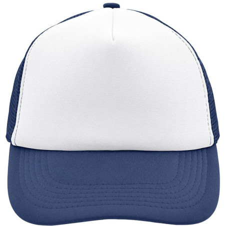 Casquette trucker 5 panneaux personnalisée en broderie blanc marine