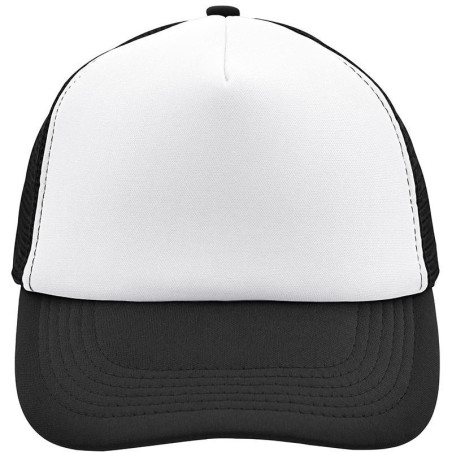 Casquette trucker 5 panneaux personnalisée en broderie blanc noir
