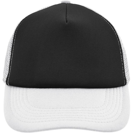 Casquette trucker 5 panneaux personnalisée en broderie blanc noir