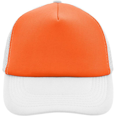 Casquette trucker 5 panneaux personnalisée en broderie blanc orange fluo