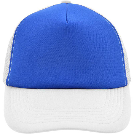 Casquette trucker 5 panneaux personnalisée en broderie bleu roi blanc