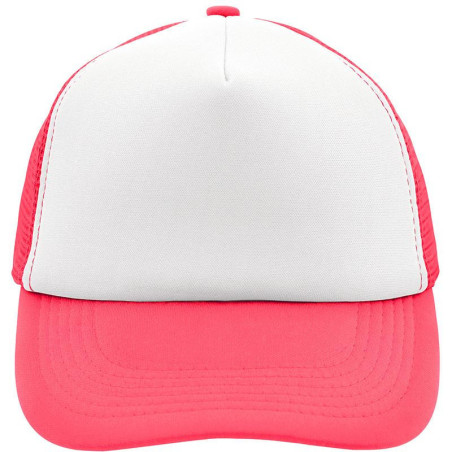 Casquette trucker 5 panneaux personnalisée en broderie blanc rose fluo