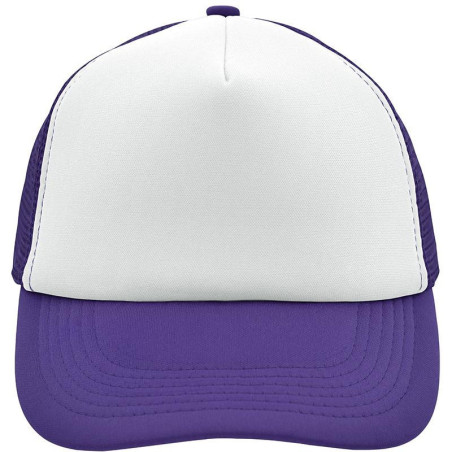 Casquette trucker 5 panneaux personnalisée en broderie blanc lilas