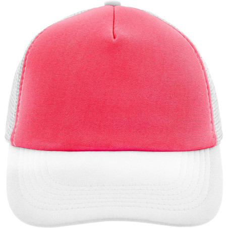 Casquette trucker 5 panneaux personnalisée en broderie rose fluo blanc