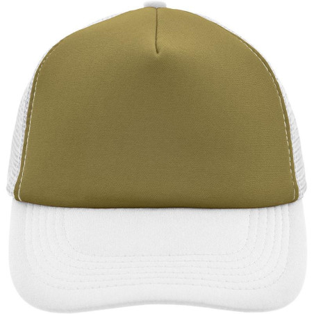 Casquette trucker 5 panneaux personnalisée en broderie olive blanc