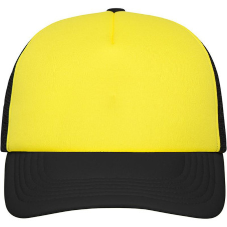 Casquette trucker 5 panneaux personnalisée en broderie jaune soleil noir