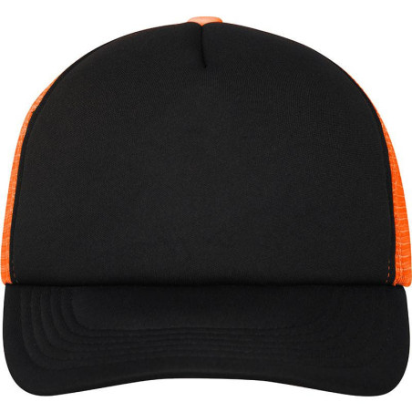 Casquette trucker 5 panneaux personnalisée en broderie noir neon orange