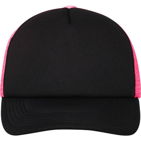 Casquette trucker 5 panneaux personnalisée en broderie noir neon rose