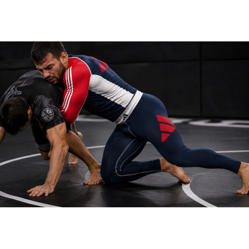 Legging compression homme adidas pour grappling et BJJ bleu/blanc/rouge