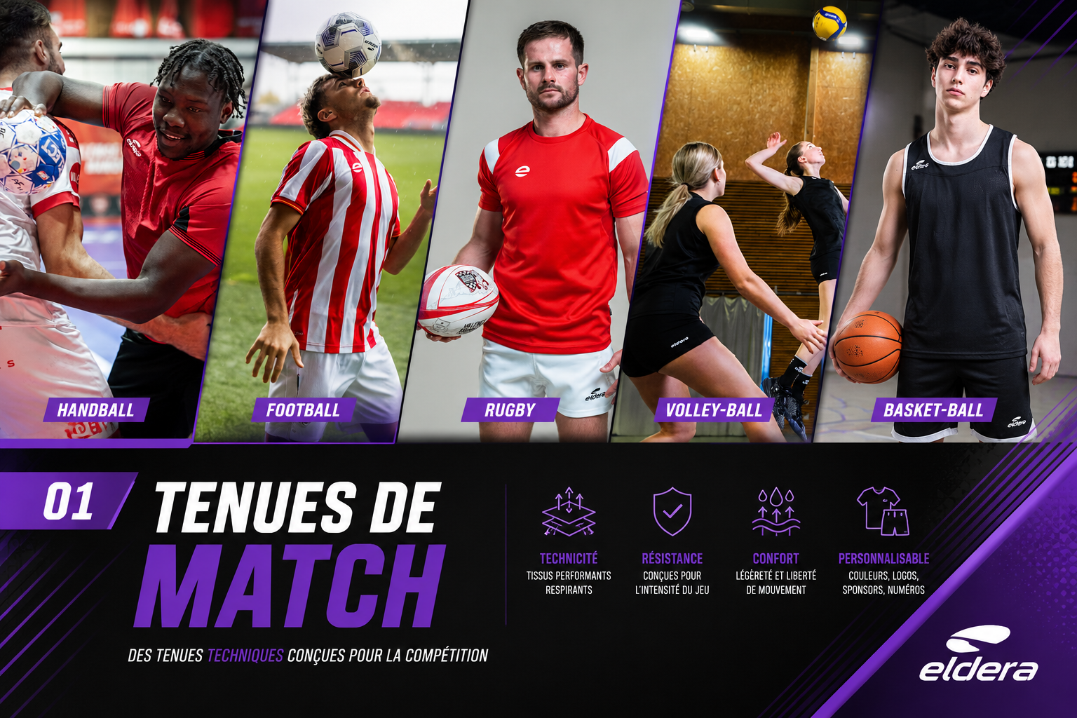 Tenues de match ELDERA football rugby handball basket-ball et volley-ball