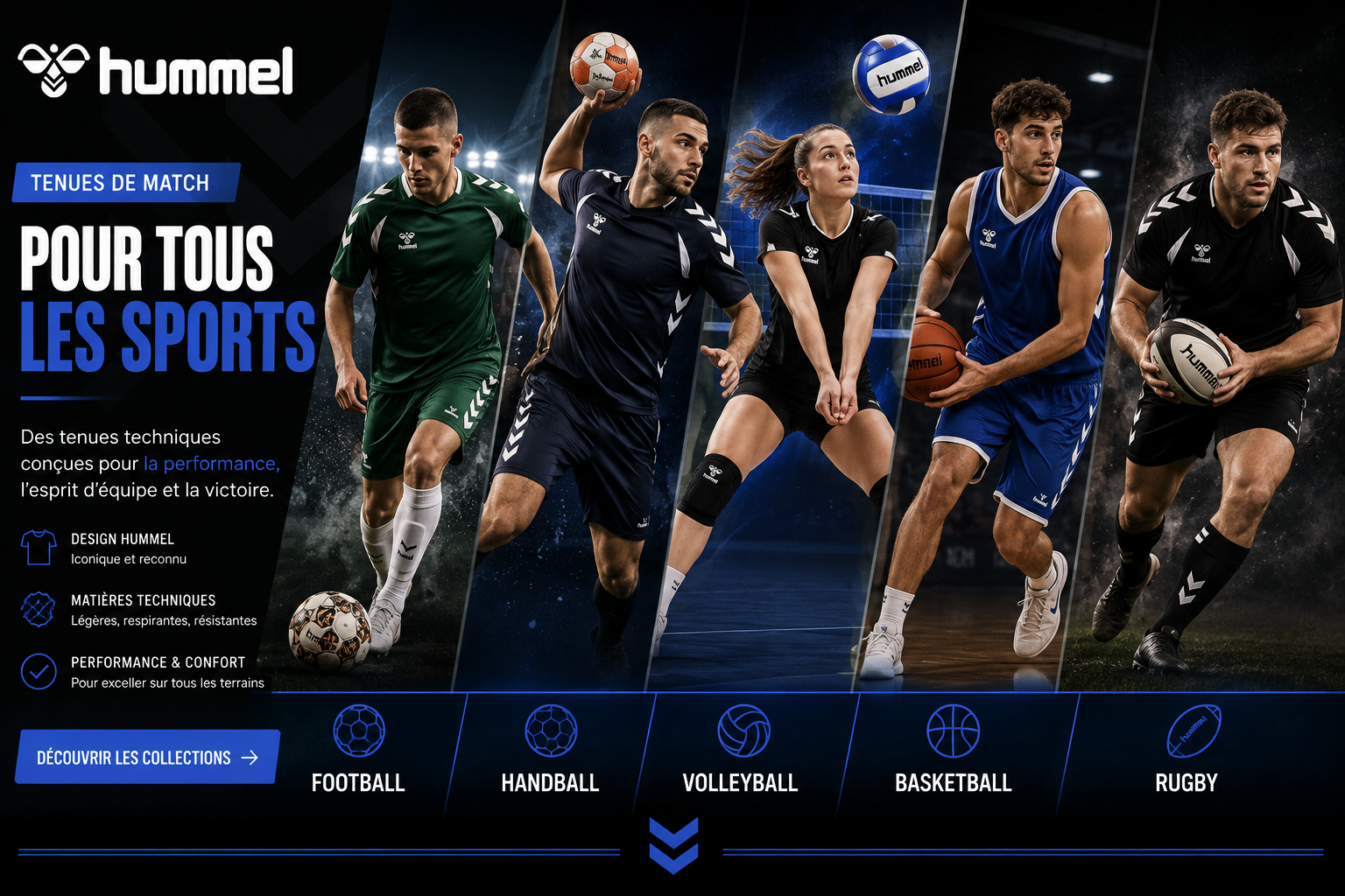 Tenues de match Hummel football handball basket-ball rugby volley-ball