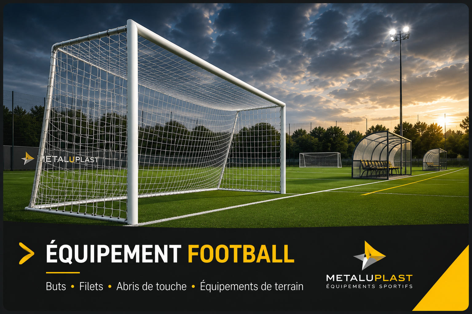 Équipements football METALUPLAST : buts, filets et abris de touche
