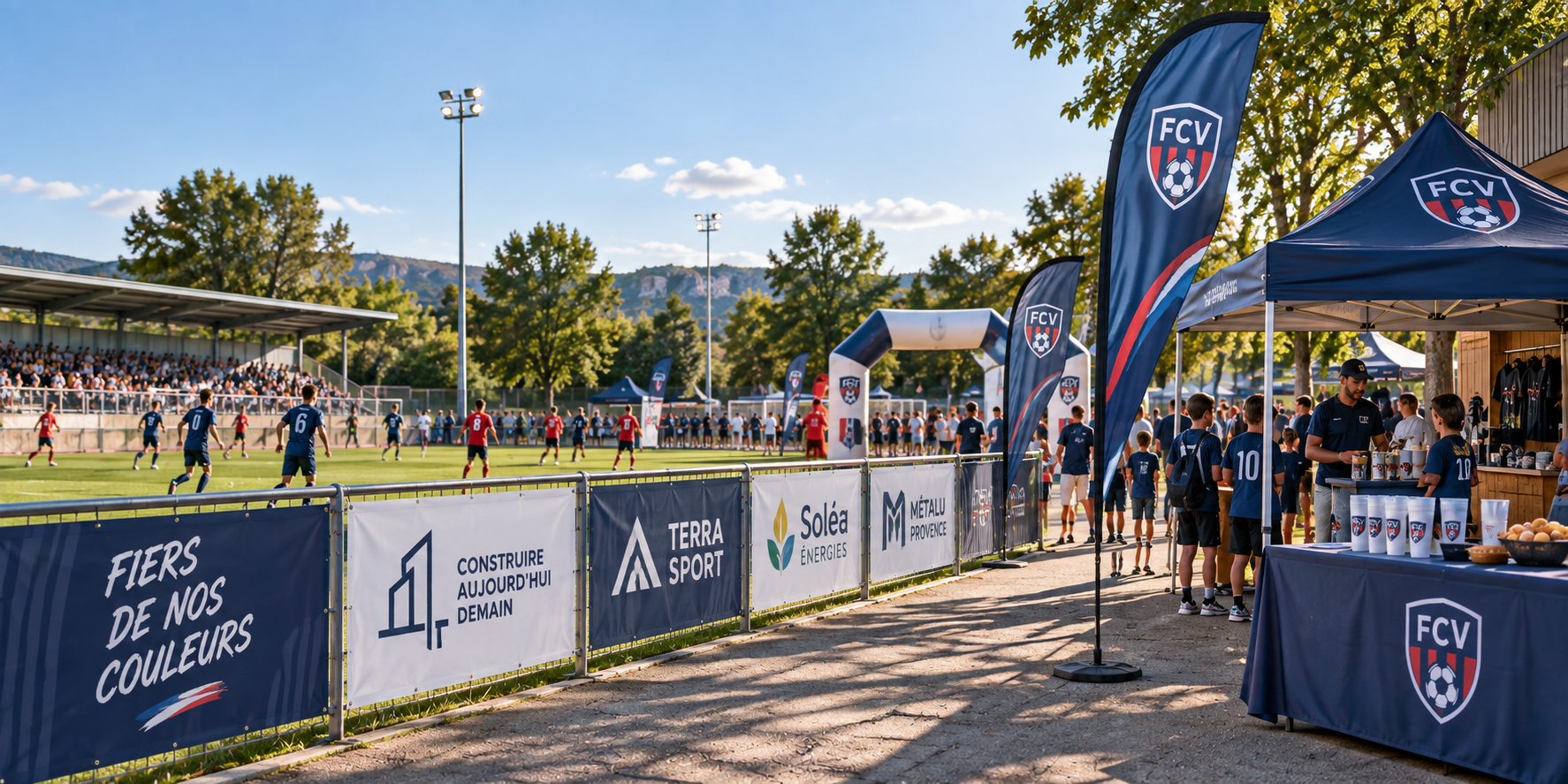 Communication personnalisée d'un club sportif avec supports sponsors, signalétique et équipements événementiels