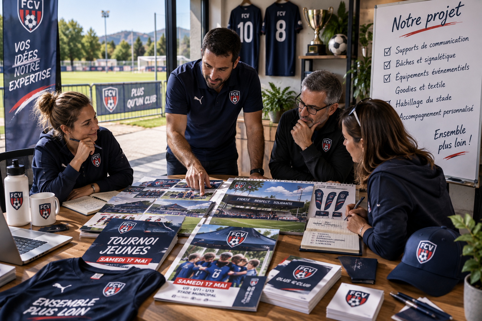 Responsables d'un club sportif préparant leur projet de communication