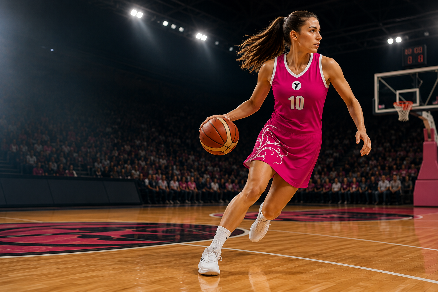 Robe de basket personnalisée et sublimée ESMAÏA portée par une basketteuse en match