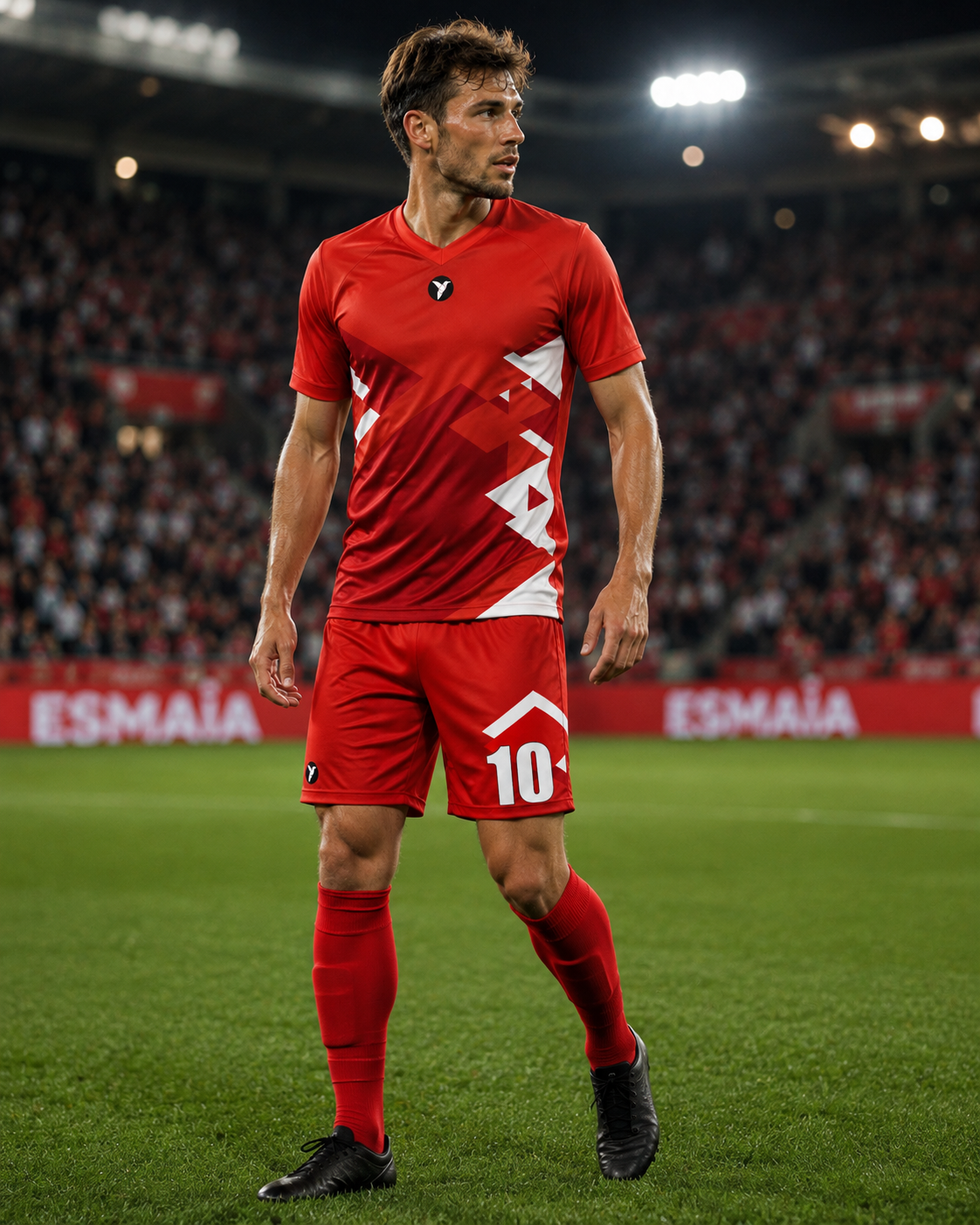 Joueur portant une tenue de foot personnalisée ESMAÏA avec maillot et short sublimés