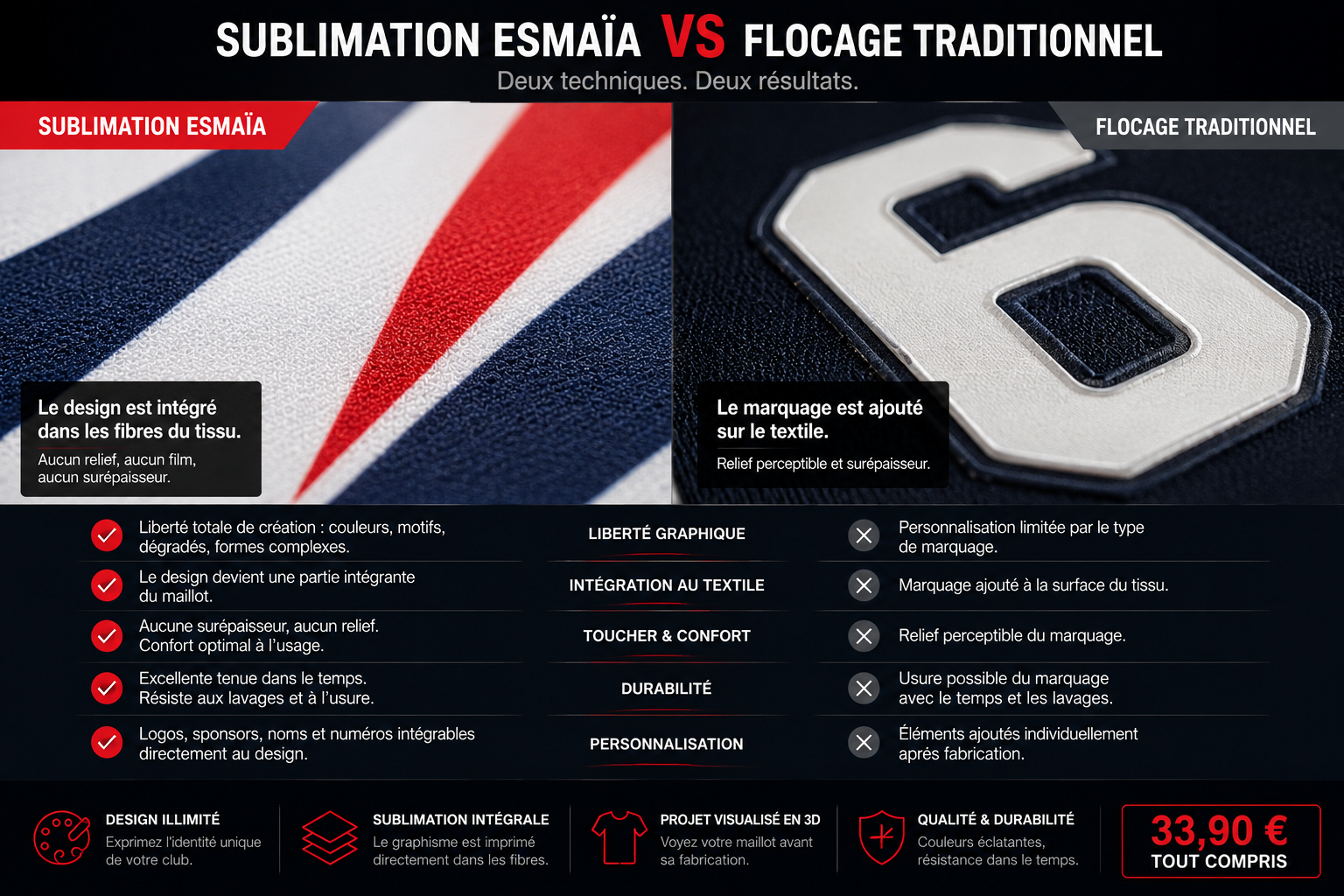 Comparatif entre sublimation ESMAÏA et flocage traditionnel sur un maillot de football personnalisé