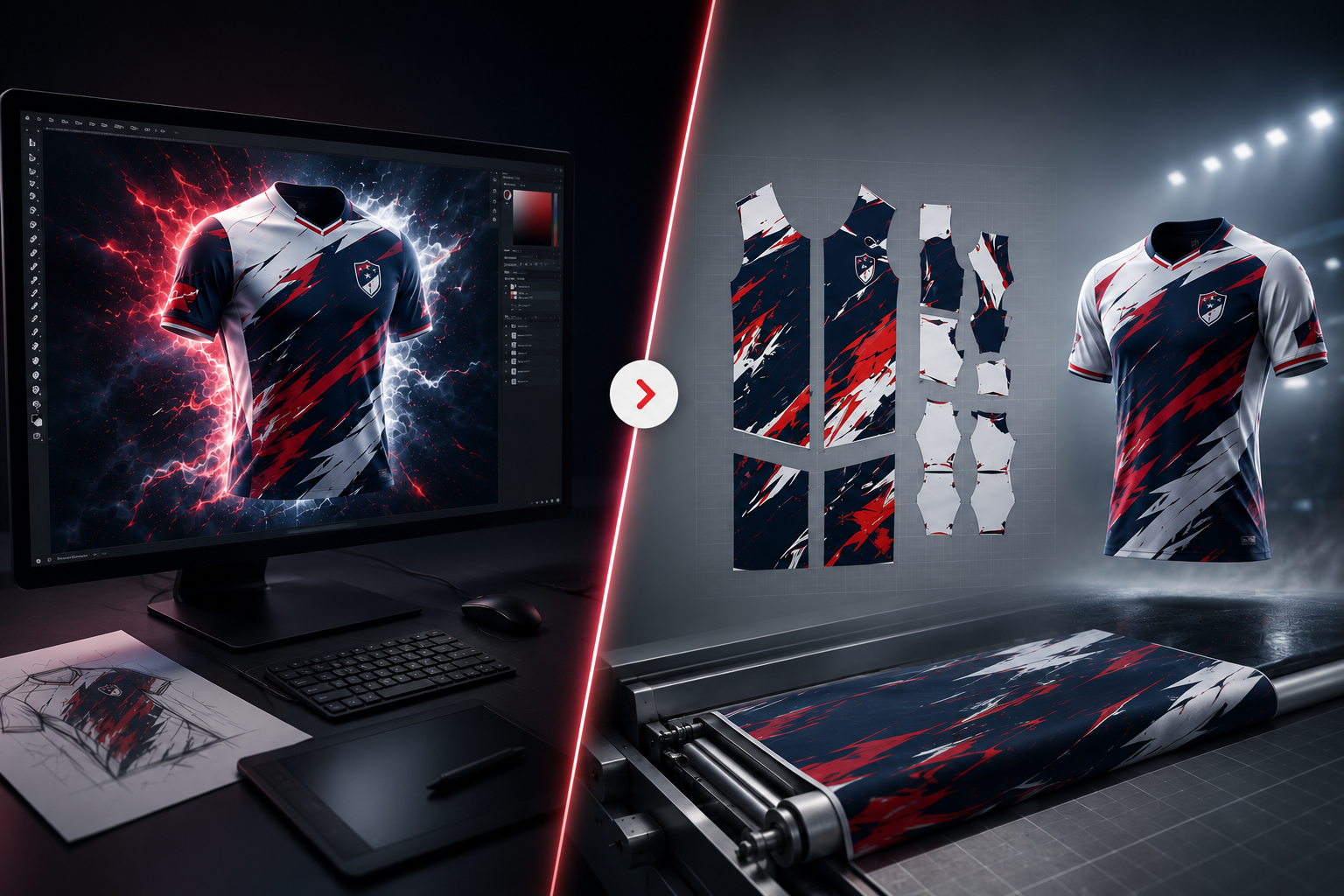 Comparaison entre un concept spectaculaire de maillot généré par intelligence artificielle et son adaptation à un patron textile réellement fabricable