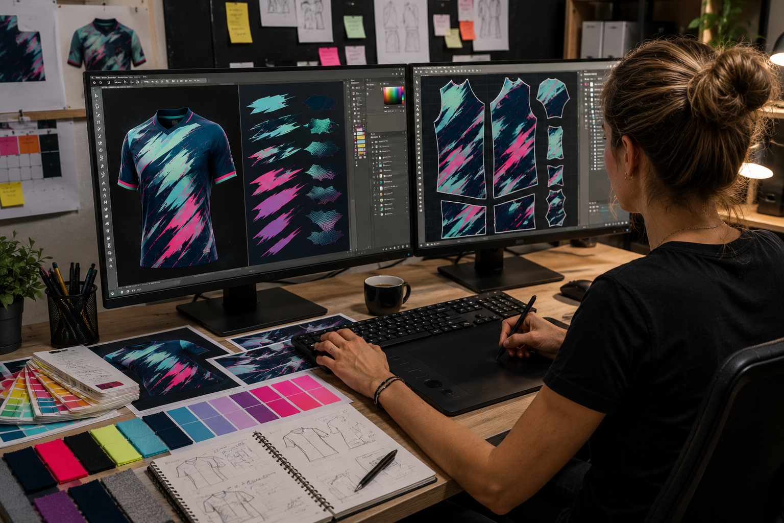 Graphiste travaillant sur deux écrans à la reconstruction et à l'adaptation d'un maillot créé à partir d'une image IA