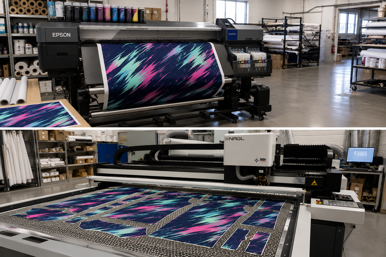 Atelier ESMAÏA avec impression pour sublimation et découpe laser des différentes pièces d'un maillot personnalisé
