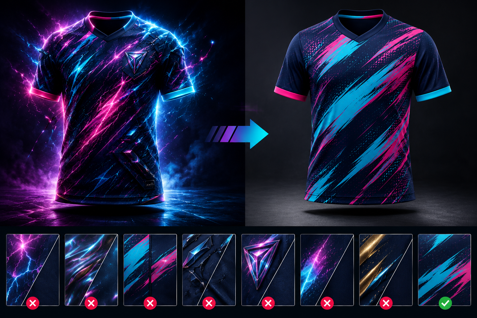 Comparaison entre une simulation de maillot créée par intelligence artificielle et son interprétation en maillot sublimé réellement fabricable