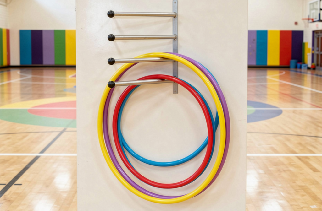Anneau(s) de gymnastique colorés accroché(s) à une colonne dans une salle de sport scolaire, près d’un parquet et d’un fond vibrant. Matériel sport école primaire présent.