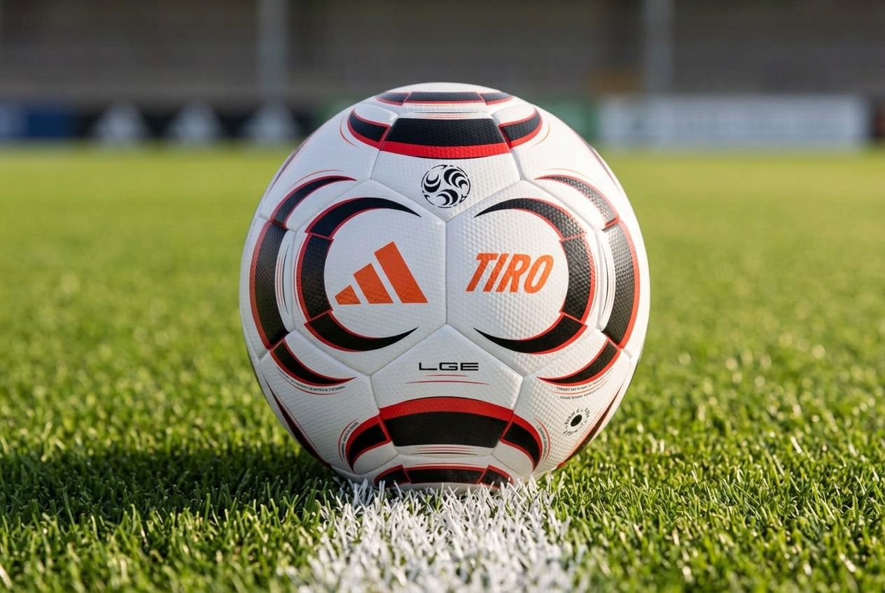 Ballon de football taille adaptée posé sur l’herbe, prêt pour un entraînement, avec le texte “Tiro” visible sur le ballon.