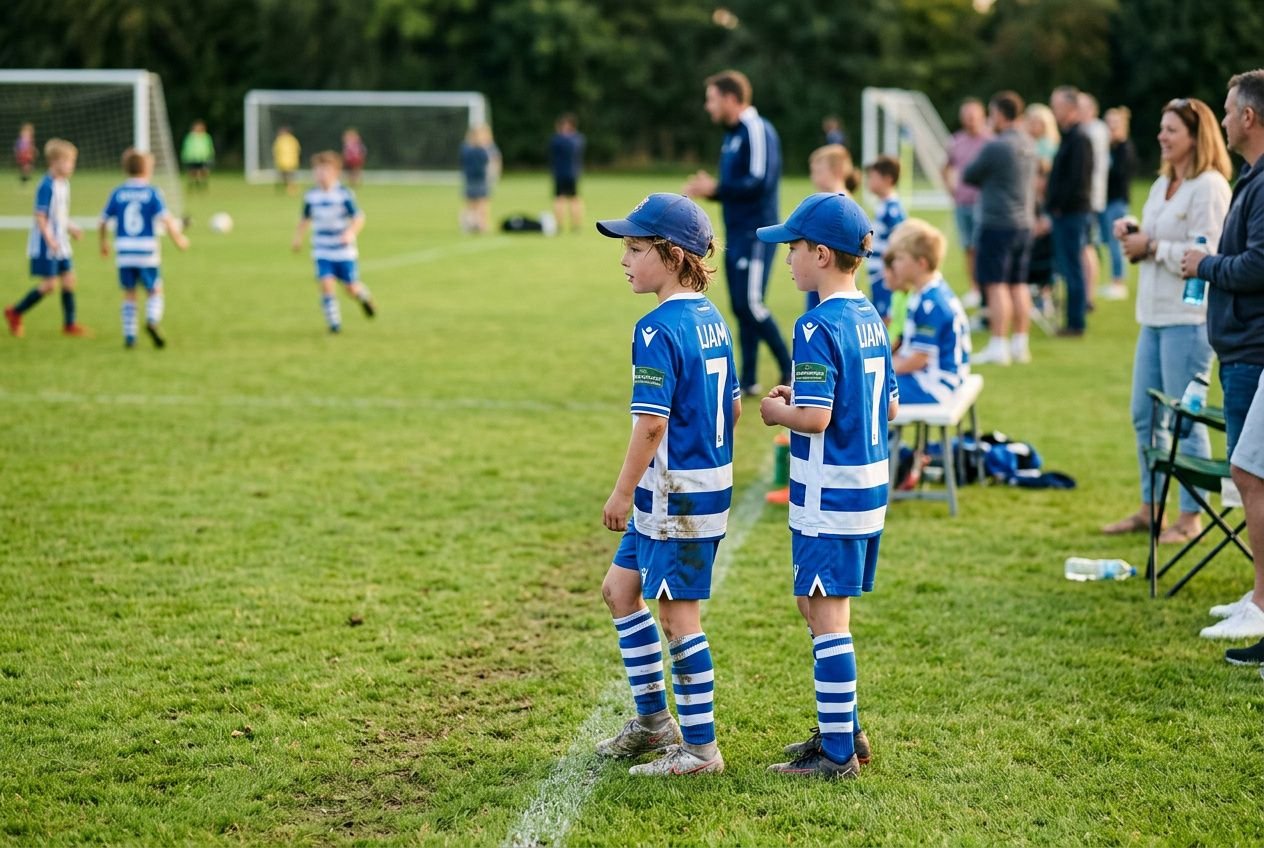 Deux jeunes joueurs de football en maillot de foot personnalisés prénom observent un match sur un terrain verdoyant, entourés de pots d’encouragement et d’entraîneurs.