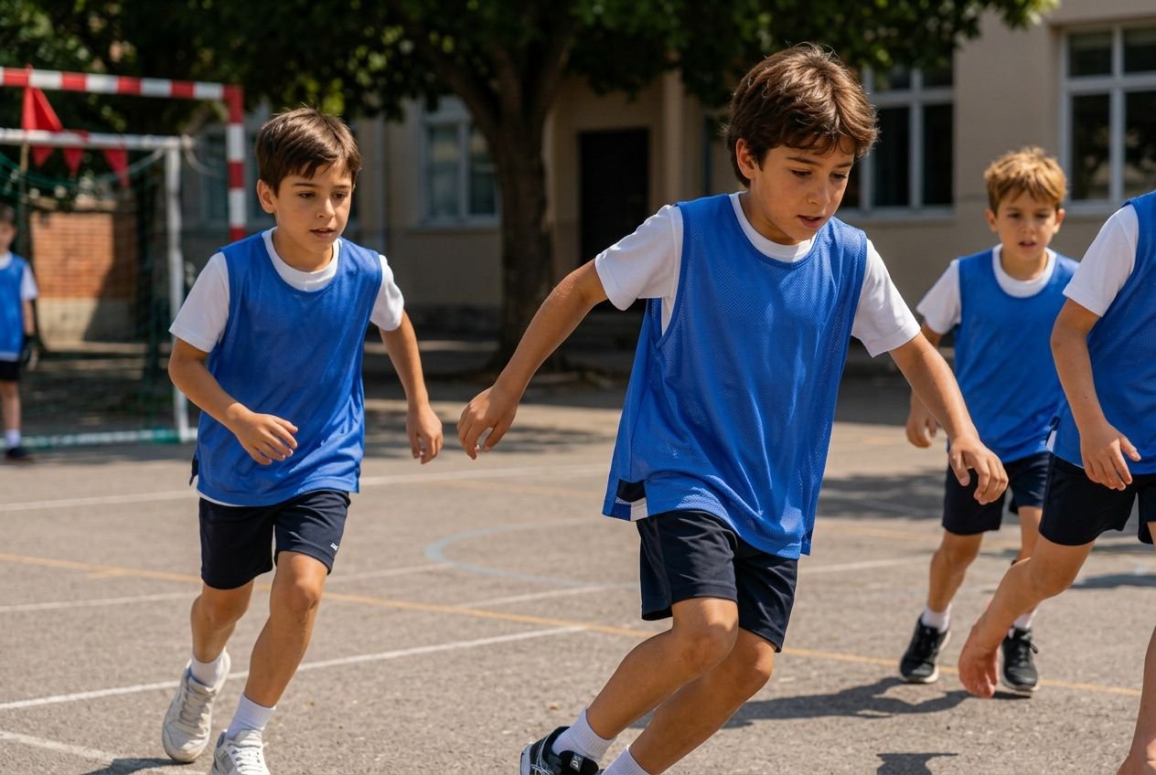 Enfants en course lors d’un entraînement de sport collectif, portant des gilets bleus sur un terrain extérieur. matériel entraînement sport collectif.