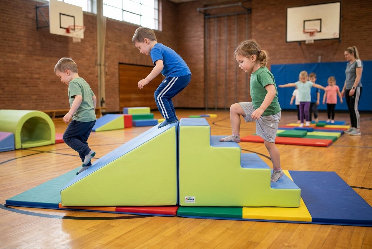 Enfants en gymnase escaladant des blocs mous pour parcours d’éveil, avec matelas et tapis colorés. Matériel eps école adapté pour l’activité.